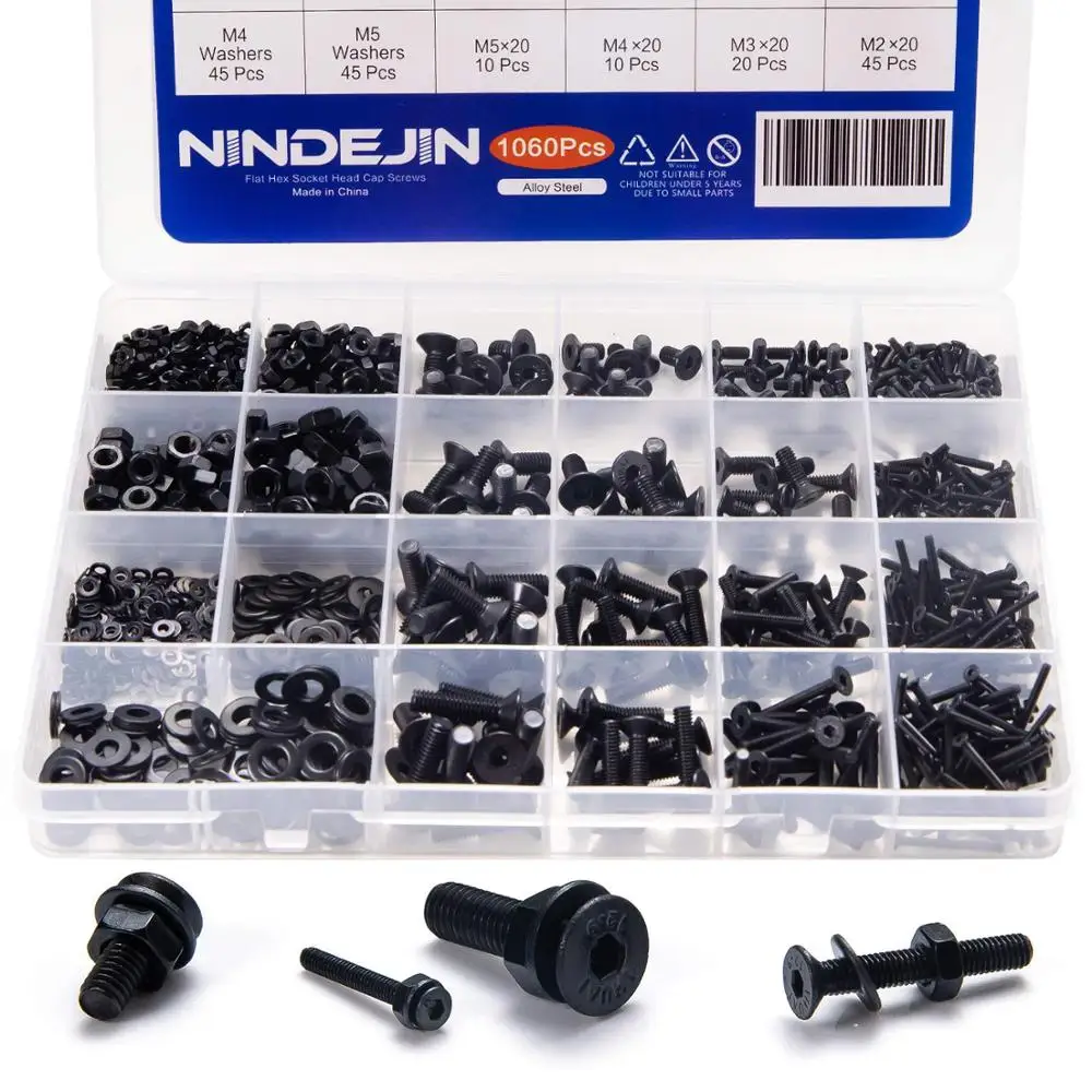 NINDEJIN 1060 шт./компл. M2 M3 M4 M5 шестигранный Набор торцевых головок винта углерода Сталь болты и гайки шайбы ассортимент набор с коробка для хранения