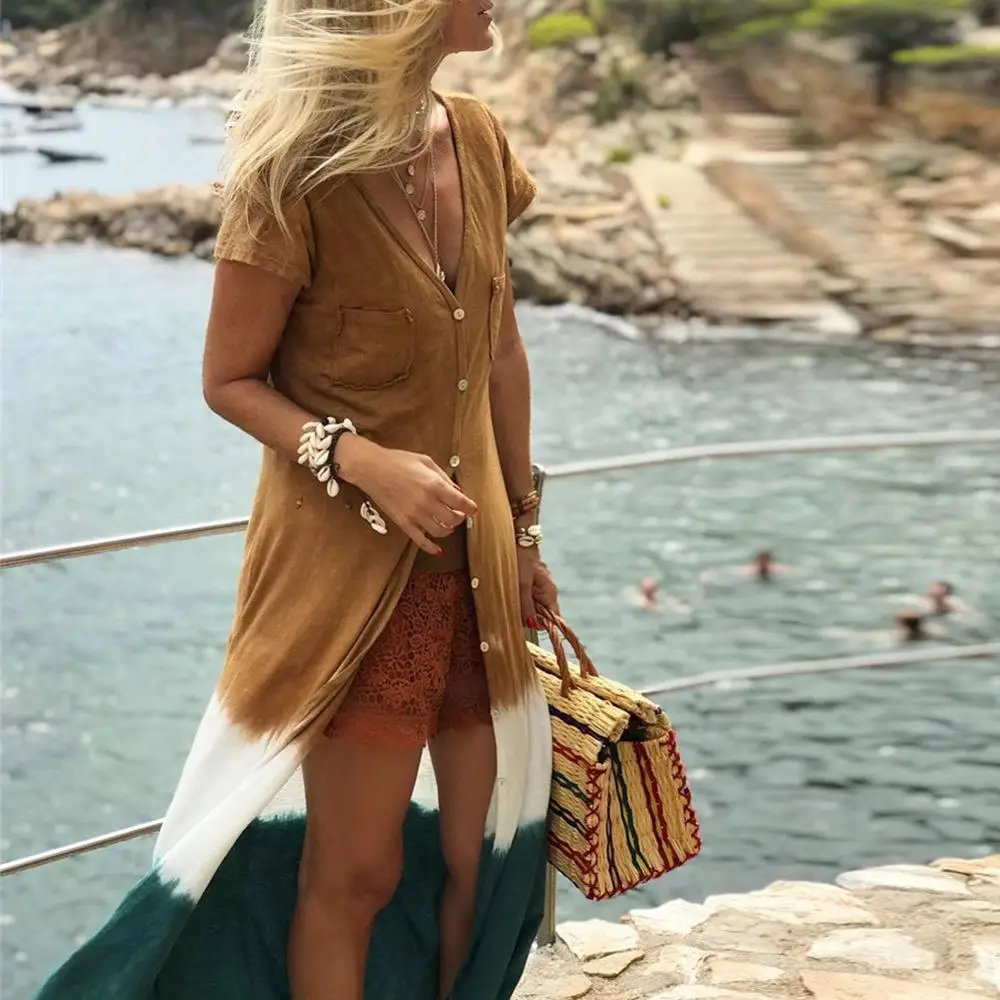 

Women Patchwork Long Shirt Spring Summer Colorblock V-neck Shirts Short Sleeve Trench Cardigan Blouse