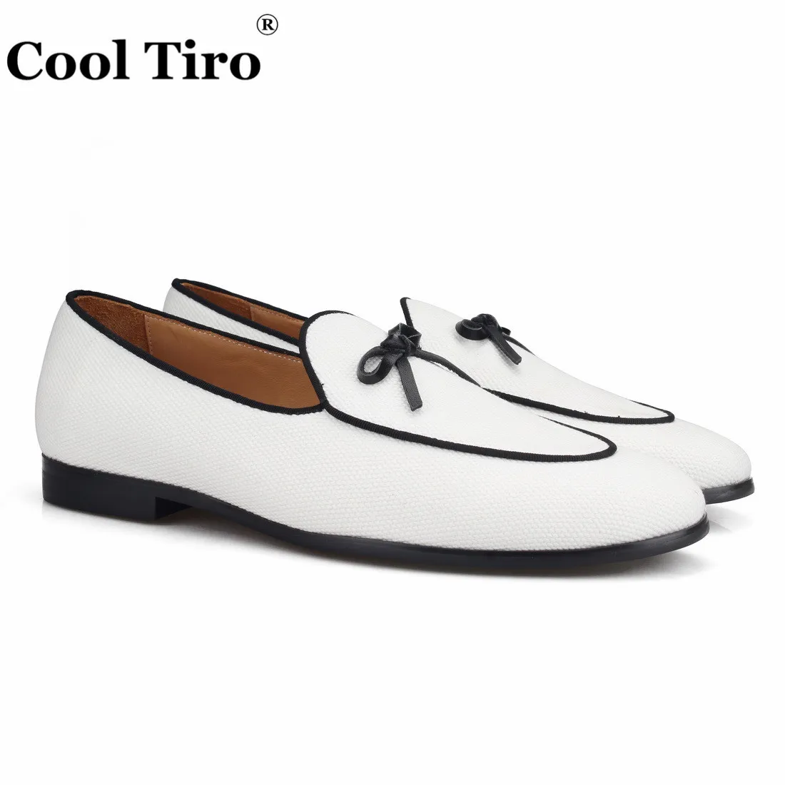 

COOL TIRO Men Hand-embroidered White canvas bow loafers Loafers with Piping Flats Men Casual Shoes