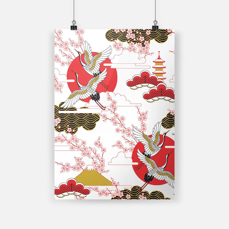 Журавль птица и цветок плакат в японском стиле Картина на холсте настенное