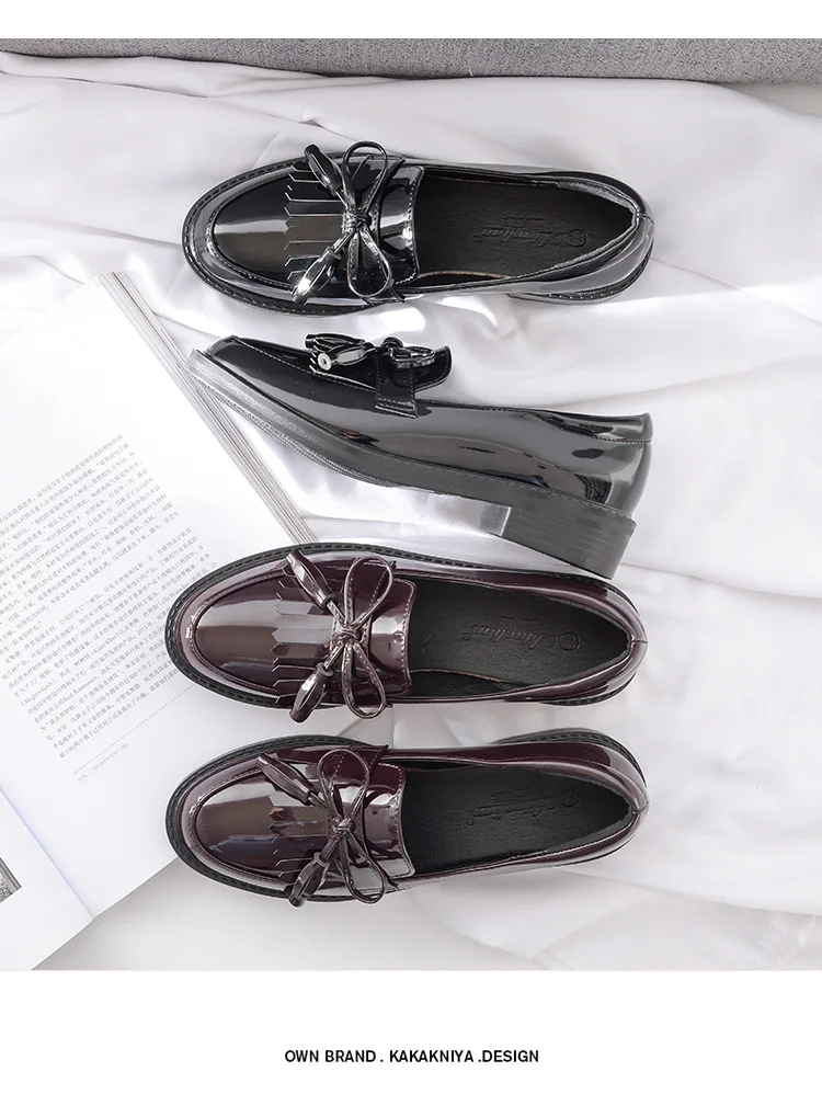Туфли дерби из лакированной кожи с бахромой и бантом; sapatos; Сезон Зима; кожаные туфли для колледжа; Женская Офисная обувь; криперы на плоской подошве; большой размер 40