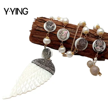 

Y·YING White freshwater Pearl Cameo Shell Long Necklace Shell Carved Wing Pendant 31'' handmade for women