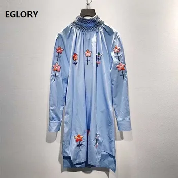 

High Quality Blue Dress 2020 Spring Summer Fashionable Women Stand Neck Exquisite Embroidery Flower Patterns Long Sleeve Dress