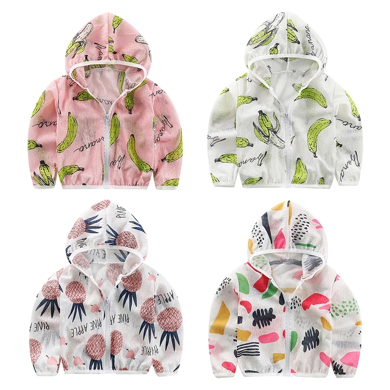 

1-6 Years Kids Unisex Sun Protection Clothing Coat With Hooded Zipper Cute Cartoon Print UV Protection Quick Dry Thin Jacket