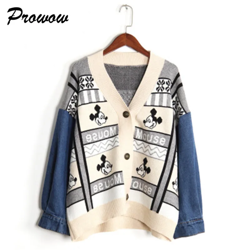 Mickey Cardigan Sweater Cartoon Loose Sweater Stitching Denim Sweater Coat Women Casual Sweater Cardigan Female Tops - Цвет: Серый