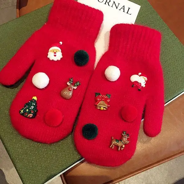 Romantic Christmas Halloween Red Cartoon Snowman Tree Elk Knit Gloves Autumn and Winter Home Slippers Rabbit Gloves - Цвет: Красный