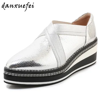 

Women's genuine leather thick sole platform flats loafers leisure soft comfortable pointed toe casual moccasins shoes for women