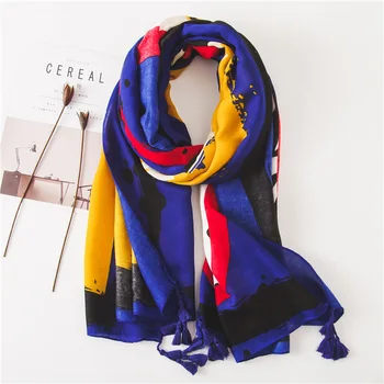 

Women royal blue color letter printing silk scarf summer beach towel spring and autumn sun proof cotton hemp scarf popular shawl