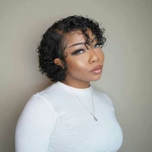Pelucas de encaje frontal de corte pixie Bob, 150, 180, 250%, rizado, cabello humano con cierre de encaje Remy prearrancado