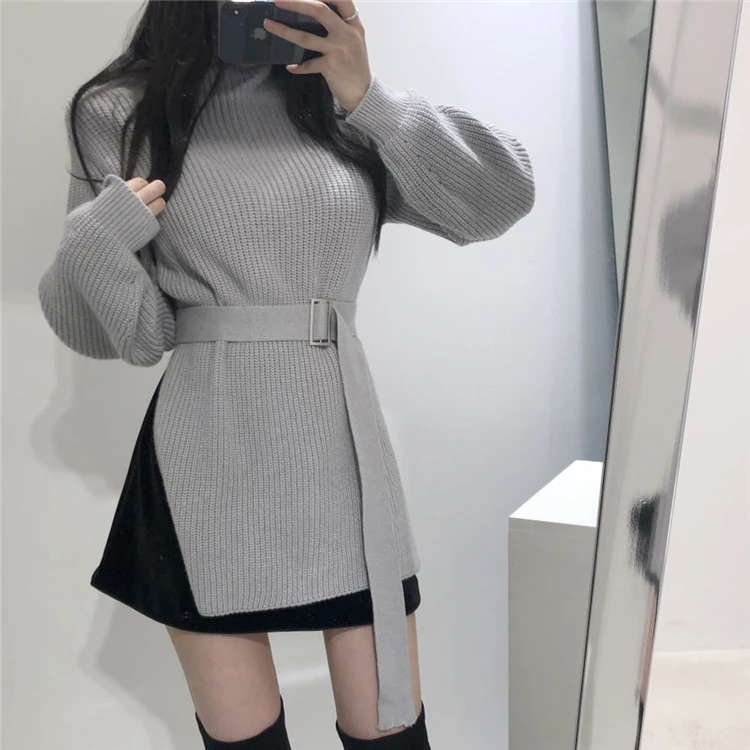 Woherb осенний вязаный корейский женский свитер винтажный пуловер с рукавами-фонариками сексуальный раздельный боковой пояс-бандаж водолазка джемпер