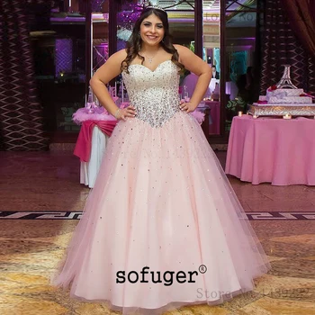 

Girl Pink Tulle Strapless Evening Dresses Prom Bling Beads Long Arabic Special Occasion Robe De Soiree Plus Size