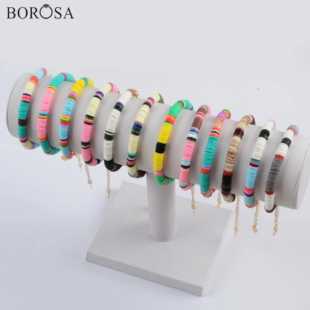 BOROSA 10 шт. Boho красочные браслеты бусины из полимерной глины глиняные ломтики пластик тонкий диск эластичная струна ручной работы браслет HD0090