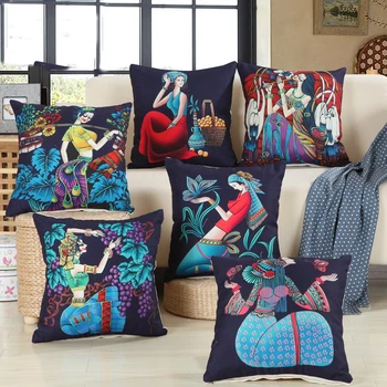 

Chinese Minority Girls Printed Cushion Cover Plush Home Decorative Pillow Cover for Sofa Throw Pillowcase for Couch 45x45