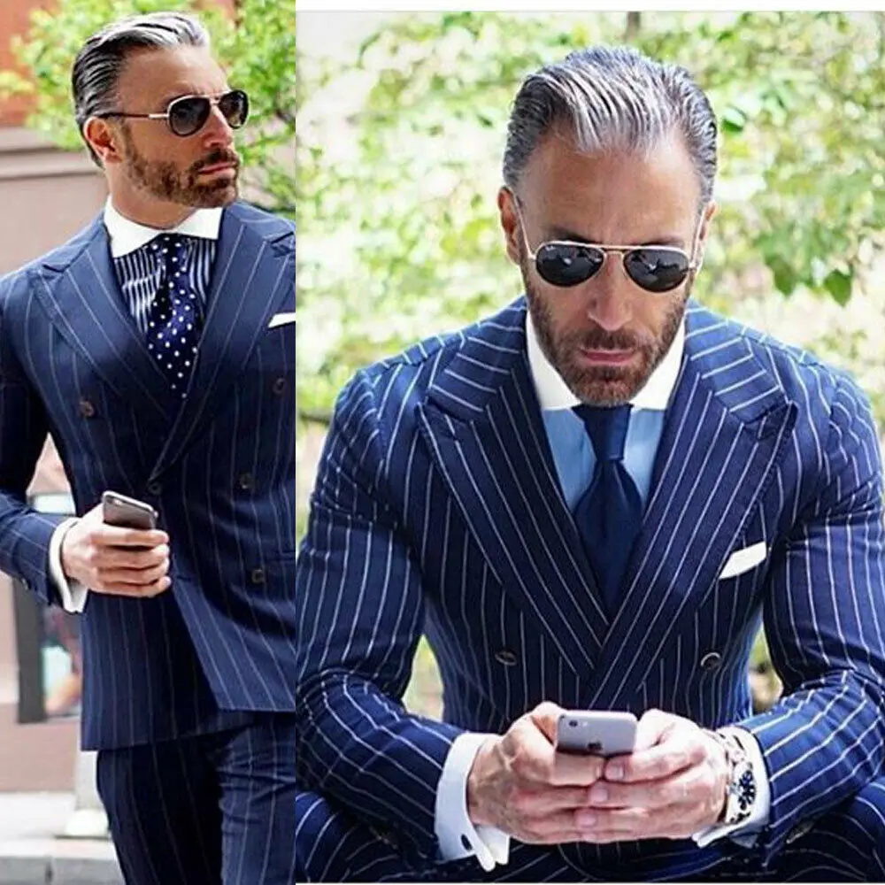 same as picture Синий полосатый мужской костюм Slim Fit двубортные куртки пальто брюки остроконечные лацканы костюм жениха на заказ - Цвет: same as picture