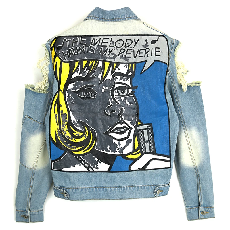 

2019 Vintage Funny Print Jean Jacket Women Ripped Hole Long Sleeve Bomber Jackets Casual Spring Autumn Short Denim Jacket
