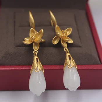 

Real S925 Silver Dangle Earrings For Women Hetian Jade Flower Geometry Gold Earrings Drop Hook Gift