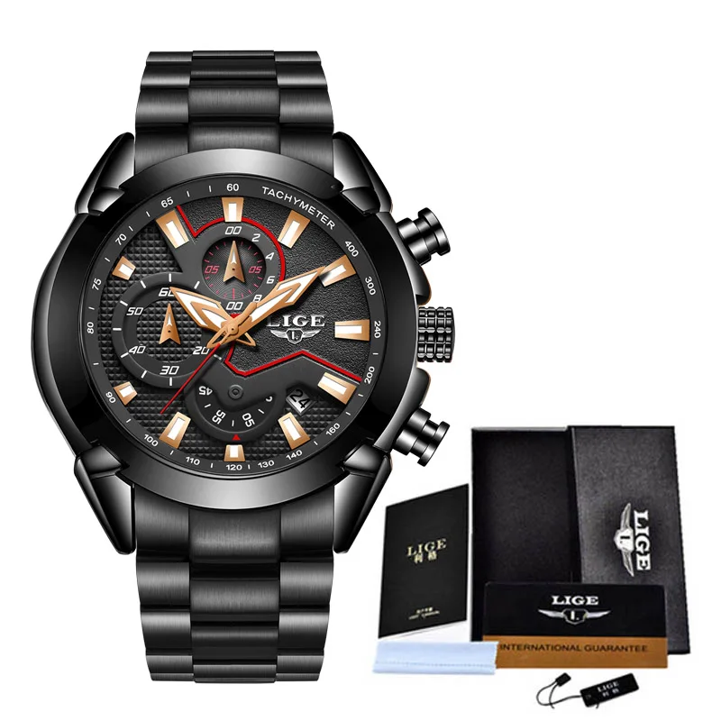 black rose gold LIGE модные Для мужчин s часы с Нержавеющая сталь чехол, ремень Водонепроницаемый спортивные кварцевые часы с хронографом Для мужчин Relogio Masculino - Цвет: black rose gold