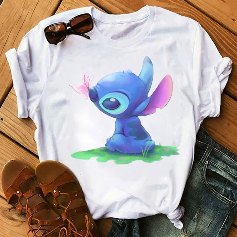 BONJEAN Lilo Stitch Harajuku Kawaii, женские футболки, модная футболка с милым мультяшным принтом, Женские повседневные топы, футболки