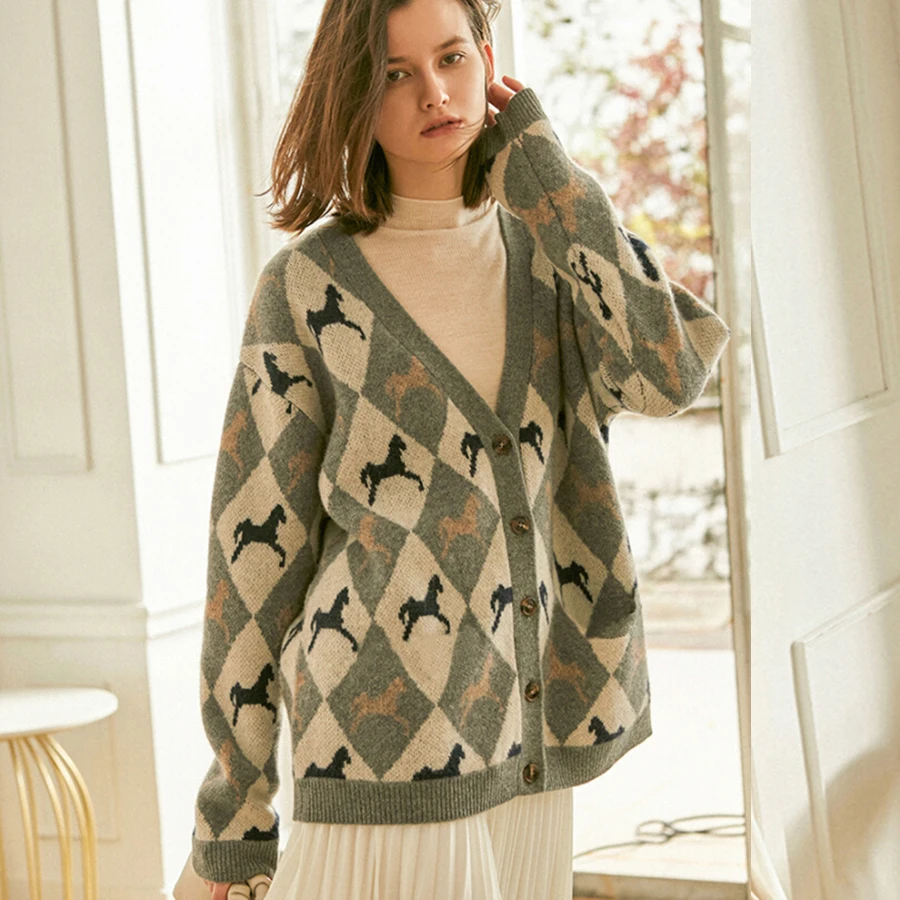 

TEELYNN long sleeve sweater cardigans for women winter warm v-neck Cartoon rhombus knitted sweater boho outwear sweaters coat