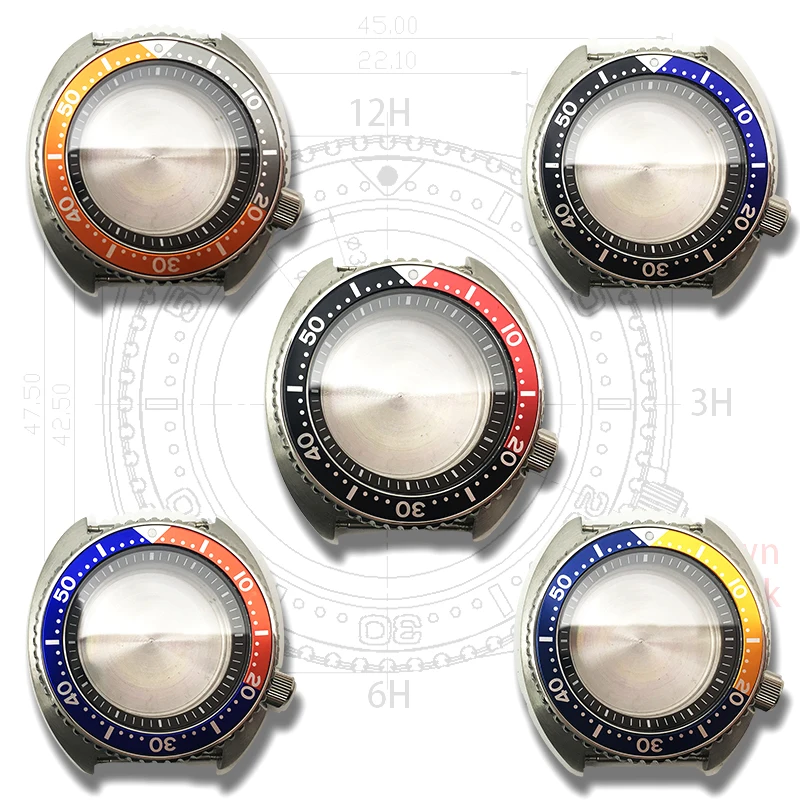 

45mm men's watch multicolor inner shadow ring case skx007 skx009 316L stainless steel glass for Seiko tuna nh35A nh36A