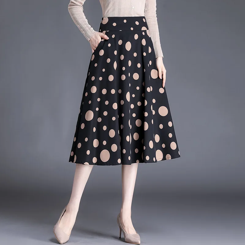 

Fashion Elegant Dot A-line Skirt Autumn Winter Women High Waist Loose Casual Korean Office Lady Big Swing Mid-long Skirts