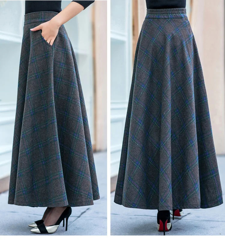 Осенне-зимняя плотная длинная юбка женская винтажная Клетчатая Шерстяная Юбка с высокой талией и карманом для офиса Jupe Femme, большие размеры