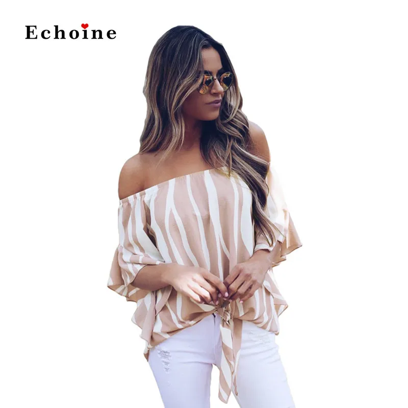 

Women Off The Shoulder Vertical Stripes Blouse Printed Sexy Slash Neck Half Sleeve Street Tunic Tops Lady Outwear Female Clothes