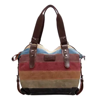 

Shoulder Handbag Shoulder Bag Rainbow Stripe Canvas Satchel Satchel Zipper