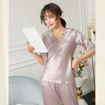 

Sexy Women Nightwear Lace Pajamas Set Satin 2PCS Shirt&Pants Kimono Robe Gown Casual Intimate Lingerie Nightgown Pyjamas