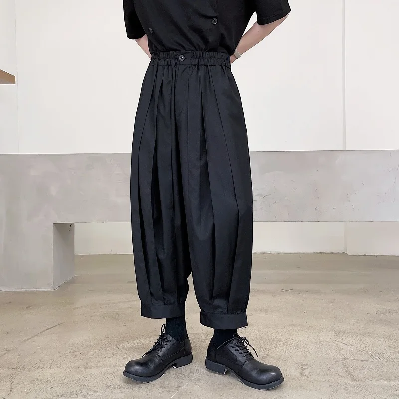 

2022 Men's spring and Autumn new plus personality pleat lace low crotch dark loose plus wide leg pants
