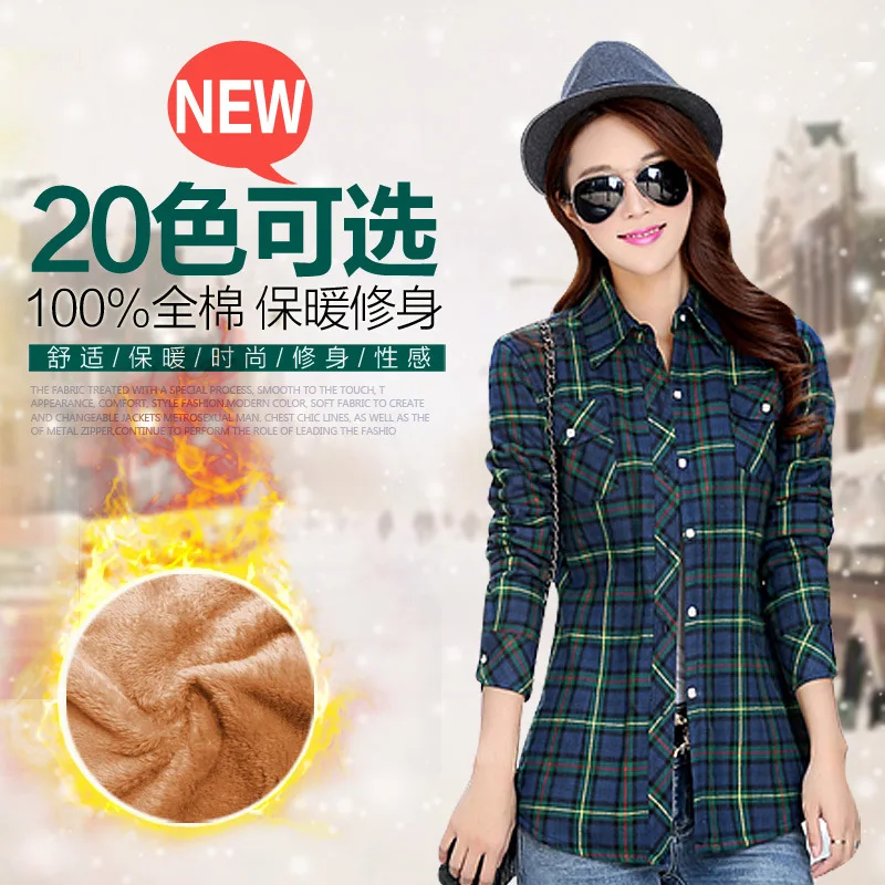 Winter Warm Blouses Women Coats Autumn Tops Camisa Femininas Long Sleeve Thick Velvet Plaid Shirt Flannel Shirts Full Cotton Top women's denim shirts & tops Blouses & Shirts