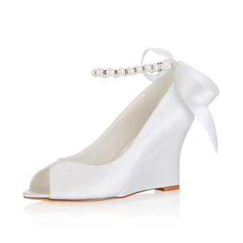 

Peep Toe Satin 8 cm Pearls Ankle Strap White Wedge Wedding Dress Shoes