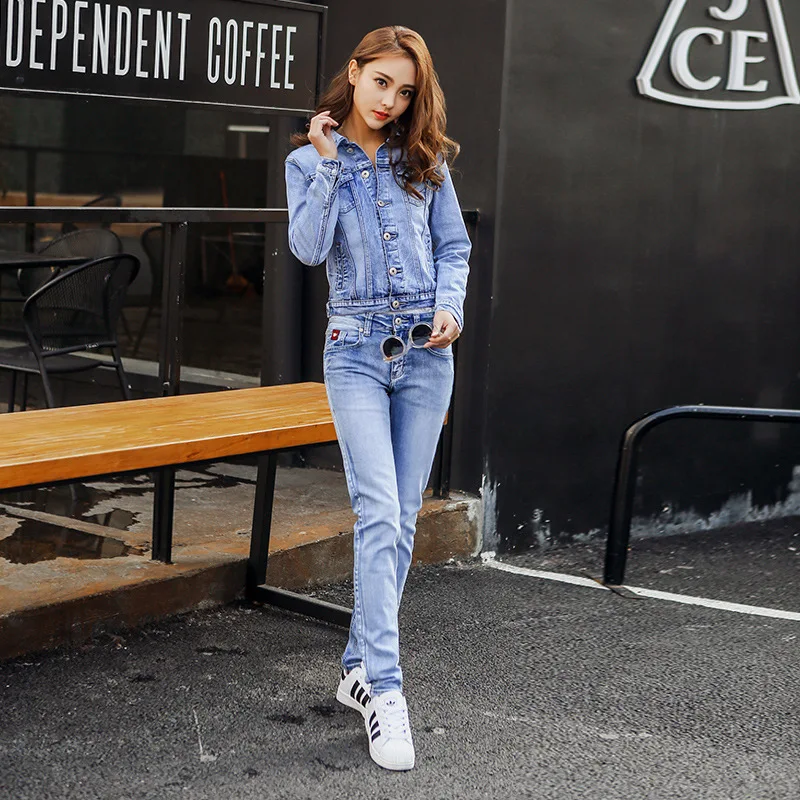 

Light Blue Jeans Coat Spring Women's 2018 New Style Korean-style Trend Denim Suit Slimming Two-Piece Set a Set of Clothes