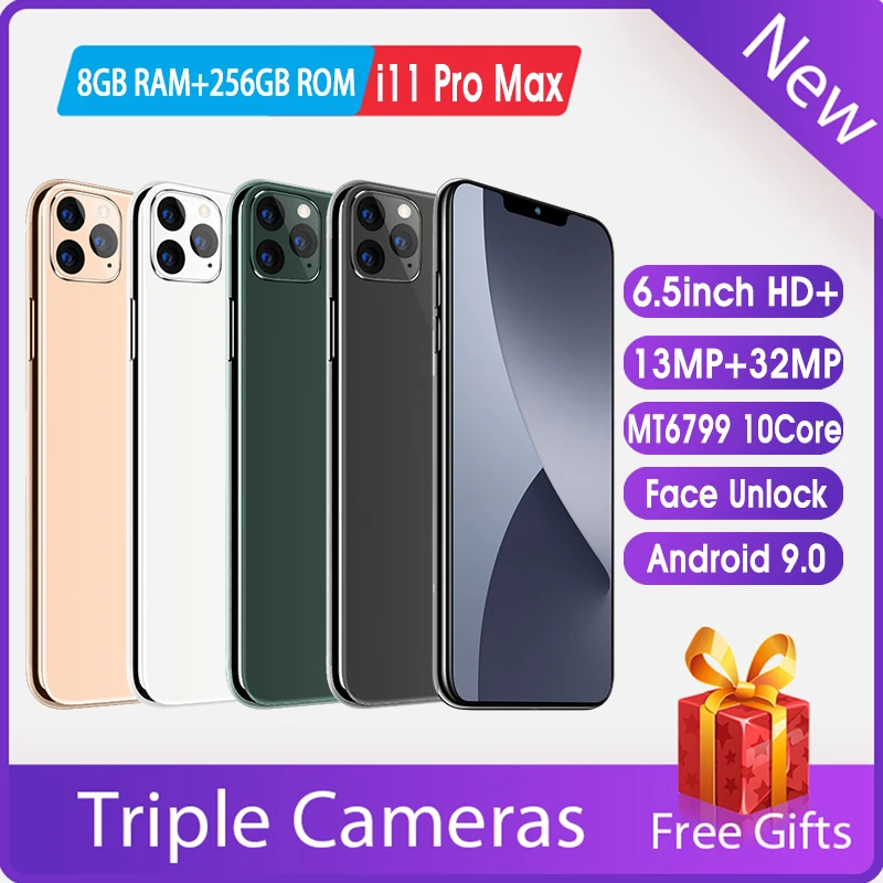 Global Version Smartphones I11 Pro Max Cellphones 6.5 Inches Dual SIM 8GB 512GB 4800MAH Android 9.0 GPS Wifi Face Unlock Phone