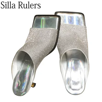 

Square Toe Bling Rhinestone Summer Sandals Woman Peep Toe Crystal Thin Heels Party Shoes Woman One Strap Sandalies Woman