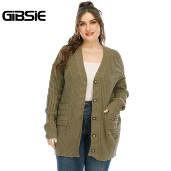 

GIBSIE Plus Size Button Women Knitted Long Cardigan Autumn Winter Pocket Long Sleeve Thicken Sweater Casual Ladies Coat Outwear