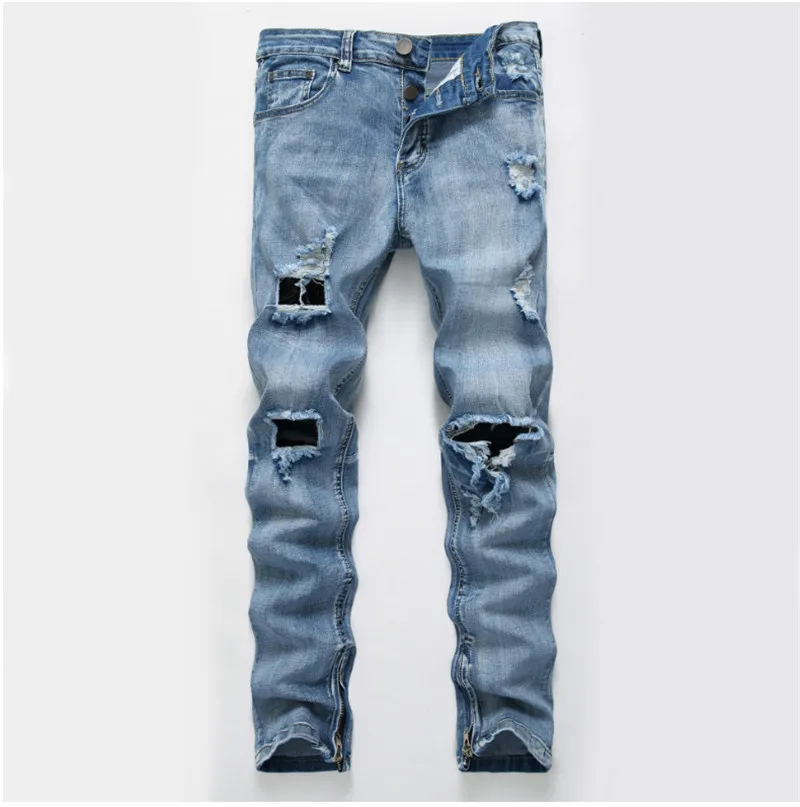 

Fashion Streetwear Men's Jeans Vintage Blue Gray Color Skinny Destroyed Ripped Jeans Broken Punk Pants Homme Hip Hop Jeans Men