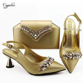 

Excellent gold high heel pointed toe shoes matching with evening bag sets for evening party QSL022 heel height 7cm