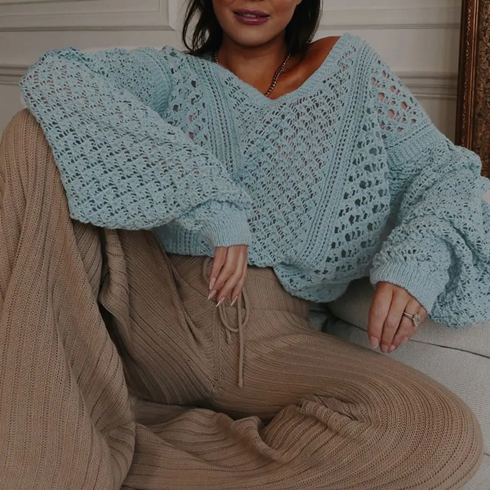 

Sexy Women Knit Pullovers Hollow Out Thin Sweater Knitwear Tops Bat Sleeve Oversized Sweater Autumn Clothes V Neck Pull Femme