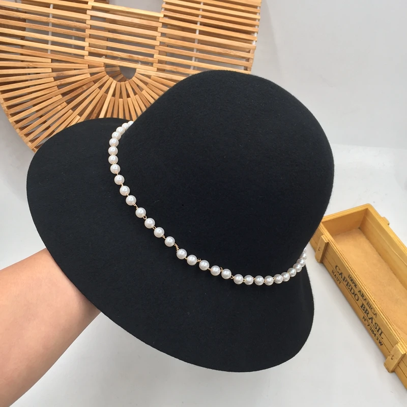 Small sweet wind restoring ancient ways about pearl chain wool fisherman hat female celebrities fashion elegant British han edit