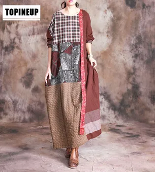 

Women Plus Size Dress Casual 3/4 Sleeves O-Neck plaid patchwork cotton linen robe dress vintage robe elegant long Dress