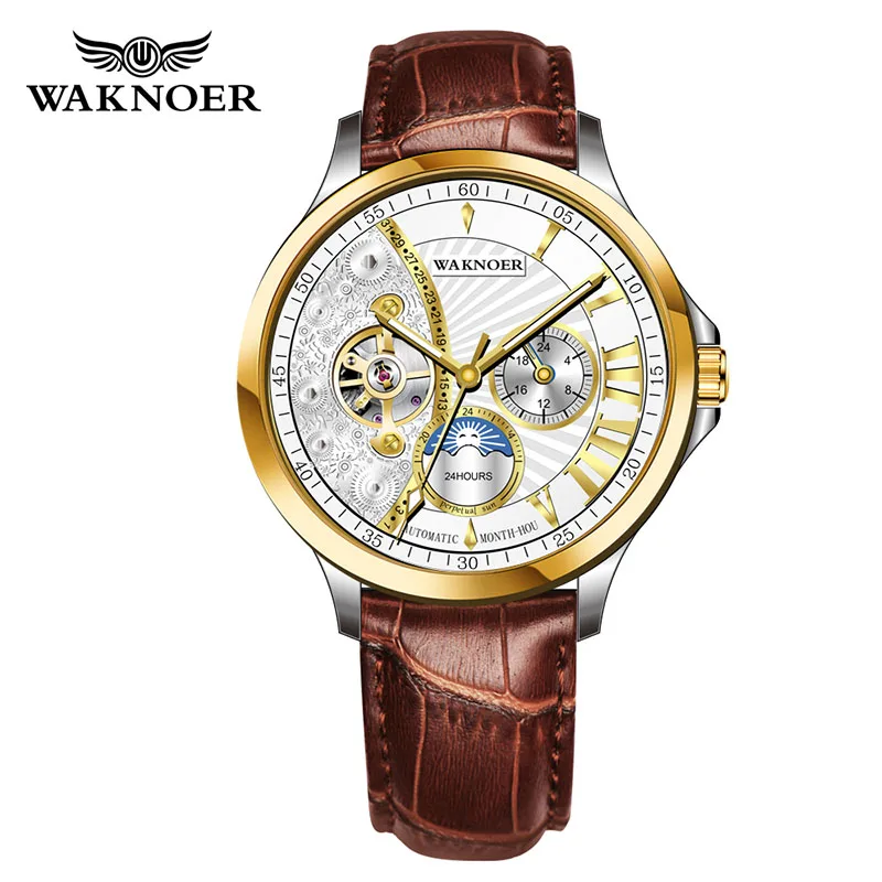 gold silver leather WAKNOER, автоматические часы, мужские, роскошные, из нержавеющей стали, водонепроницаемые, Moon Phase, стимпанк, мужские часы, механические, Tourbillon, Reloj Lujo Hombre - Цвет: gold silver leather