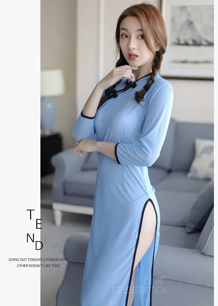 Sexy Split Bandage Mini Qipao See Through Dress Cheongsam Sexy Asian Lingerie Chinese Nightclub Uniform Costumes Women