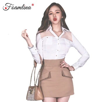 

Foamlina Sexy Perspective Mesh Patchwork White Shirt and Mini Pencil Skirt Suits Women New Fashion Office Work Two Pieces Sets