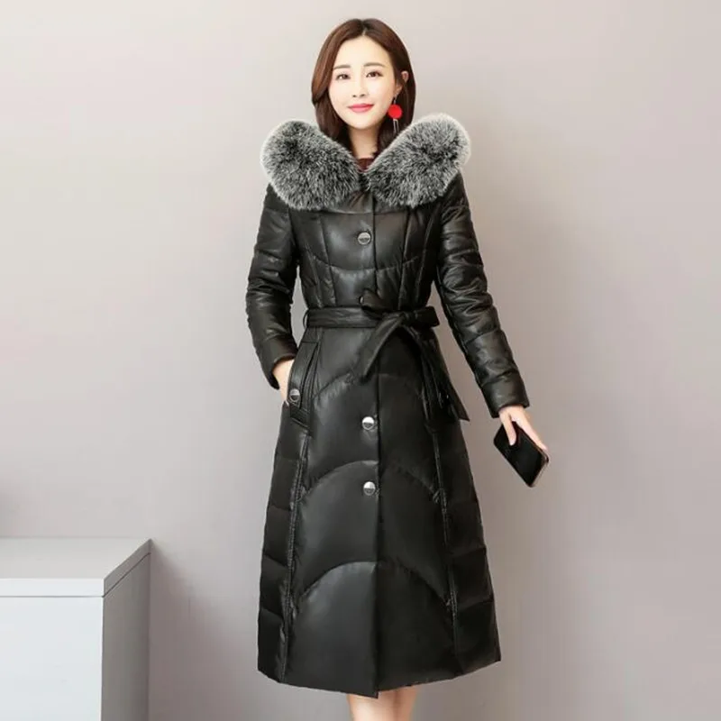 Большой размер, зимний женский пуховик из овечьей кожи, воротник из лисьего меха, тонкое длинное женское пальто - Цвет: Черный