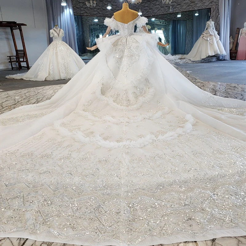 HTL2237 2021 lace backless wedding dress plus size boho boat neck ball gown wedding dress beaded свадебное платье с жемчугом 2