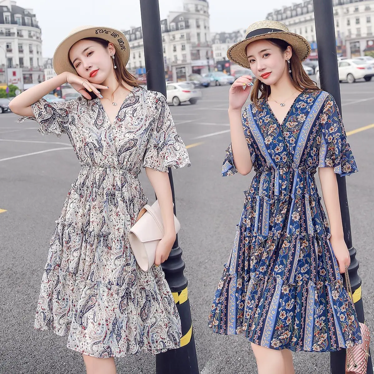 

Summer Elegant V-neck Slimming Floral-Print Chiffon Dress Korean-style Slim Fit Waist Hugging Flounced Sleeves Short-height Medi