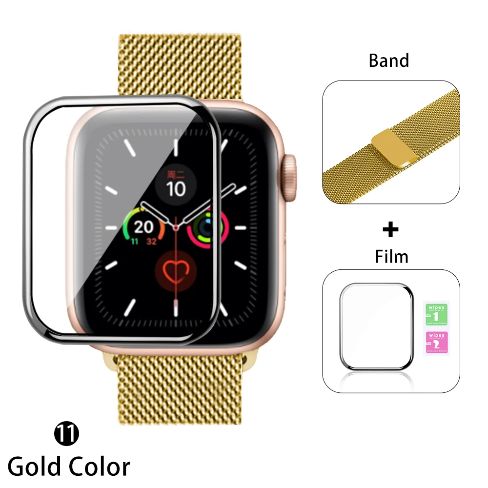 Миланская петля для Apple watch 42 мм 38 мм 40 мм 44 мм браслет ремешок+ Защитная пленка магнитная пряжка для iwatch серии 5 432 - Цвет ремешка: Gold color