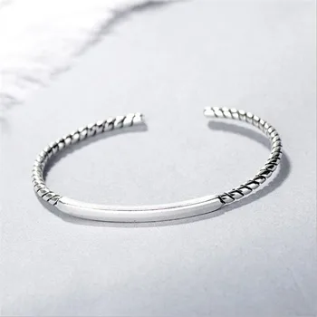 

New Creative Flower Line Bracelets Rectangle 925 Sterling Silver Jewelry Simple Geometric Twist Personality Bangles SB189