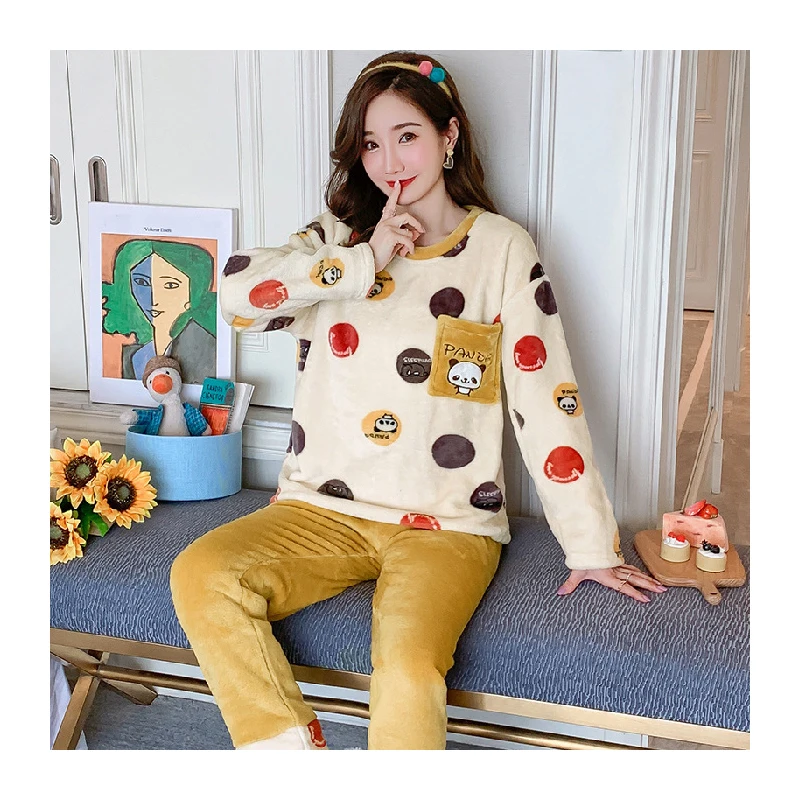 Pajama Set Women Thick Flannel Warm Female Winter Pajama Set Long Sleeve Full Trousers Two Piece Pajamas Animal Cartoon Owl